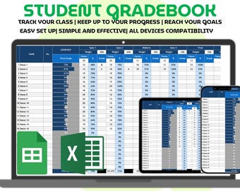 Student Gradebook Template Excel Google Sheets Teacher Grade Tracker Student Score Input Automatic Grade Calculation Classroom Spreadsheet