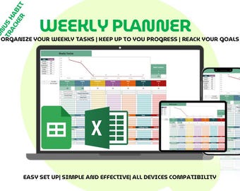 Weekly Planner Excel Task Tracker | Daily To Do List Spreadsheet | Habit Tracker Productivity Dashboard & Goal Planner -Excel, Google Sheets