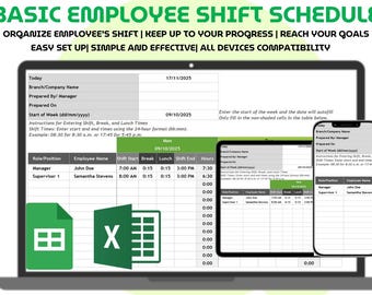 Employee Shift Schedule Excel Google Sheets Staff Planner Weekly Work Hours Tracker Employee Roster Template Easy Scheduling Tool for Teams