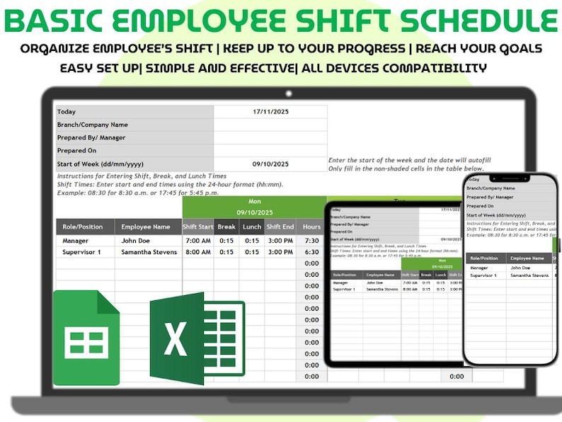 Employee Shift Schedule Excel Google Sheets Staff Planner Weekly Work ...