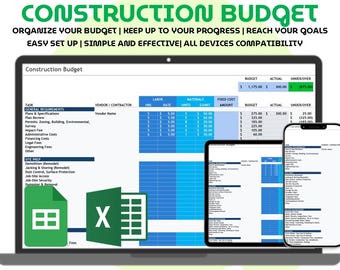 Modelo de orçamento de construção Excel e planilhas do Google Rastreador de custos de construção simples Planilha de despesas do contratante Estimador de projeto verde