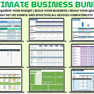 May include: An image showcasing a business bundle with spreadsheets displayed on multiple laptops. The text reads "ULTIMATE BUSINESS BUNDLE" and highlights features like budget organization, business building, and goal achievement. The bundle is designed for easy setup and is compatible with all devices.