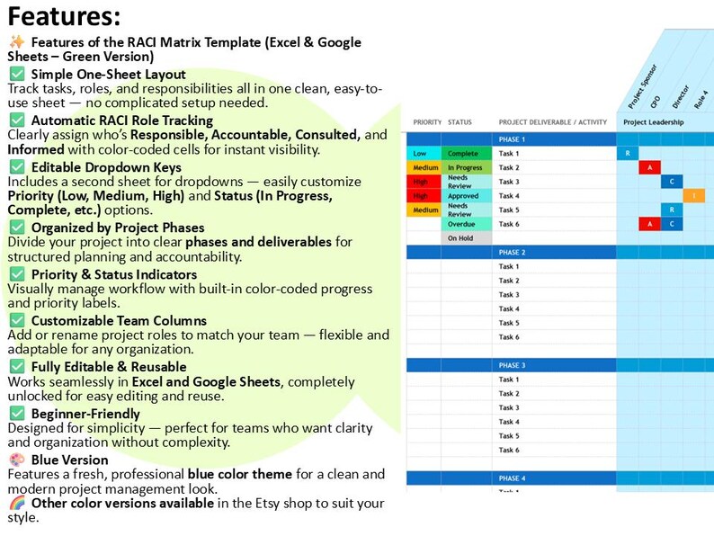 RACI Matrix Template Excel Google Sheets Project Management Tracker ...