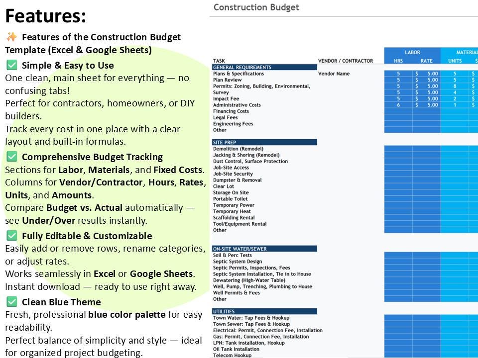 Construction Budget Template Excel and Google Sheets Simple Building ...