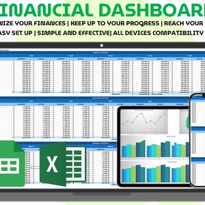 Puede incluir: Un portátil, una tableta y un smartphone muestran un panel de control financiero con gráficos y hojas de cálculo. El texto "FINANCIAL DASHBOARD" está en la parte superior, con texto adicional debajo. También se ven iconos de Excel y Google Sheets.