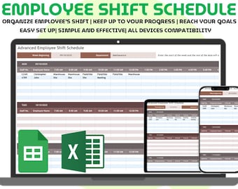 Plantilla de horario de trabajo de empleados, Hojas de cálculo de Google de Excel, Planificador de turnos semanales, Organizador de lista de personal, Hoja de cálculo de seguimiento de horario de trabajo editable