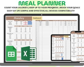 Planificador de comidas semanal, plantilla de hoja de cálculo de Google Excel, registro de calorías, hoja de cálculo de nutrición, diario de recetas, registro de alimentos, lista de compras, planificador de preparación de comidas
