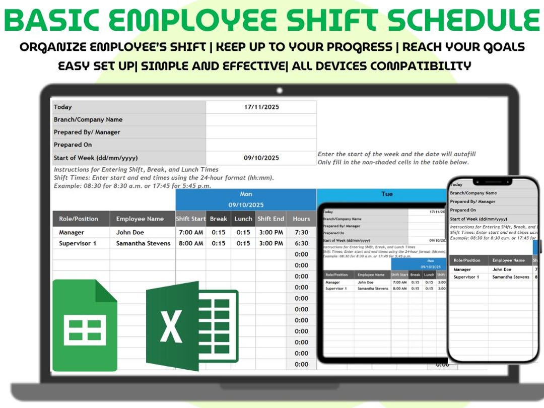 Employee Shift Schedule Planner Excel Google Sheets Weekly Staff Work ...