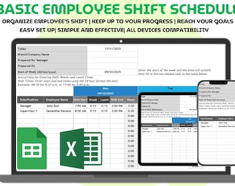 Employee Shift Schedule Planner Excel Google Sheets Weekly Staff Work Hours Tracker Employee Roster Template Scheduling Tool for Teams