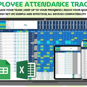 Puede incluir: Un rastreador digital de asistencia de empleados que se muestra en una computadora portátil, tableta y teléfono inteligente. La hoja de cálculo muestra los nombres de los empleados, los datos de asistencia y una vista de calendario. El texto "EMPLOYEE ATTENDANCE TRACKER" está incluido.