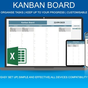 Puede incluir: Un tablero Kanban digital que se muestra en una computadora portátil, una tableta y un teléfono inteligente. Las pantallas muestran un diseño de gestión de tareas con columnas y filas. La imagen incluye el texto "KANBAN BOARD" y "ORGANISE TASKS | KEEP UP TO YOUR PROGRESS | CUSTOMISABLE".
