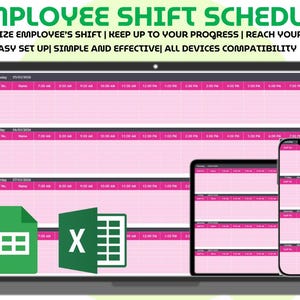 May include: A digital employee shift schedule template displayed on a laptop, tablet, and smartphone screen. The interface features a pink and dark gray grid layout with time slots, alongside green icons for spreadsheet software applications.