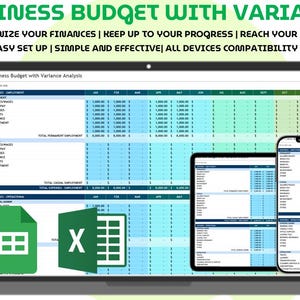 May include: A laptop, tablet, and smartphone display a business budget spreadsheet with variance analysis. The screen shows a detailed financial breakdown with rows and columns. The image includes the text: "BUSINESS BUDGET WITH VARIANCE".
