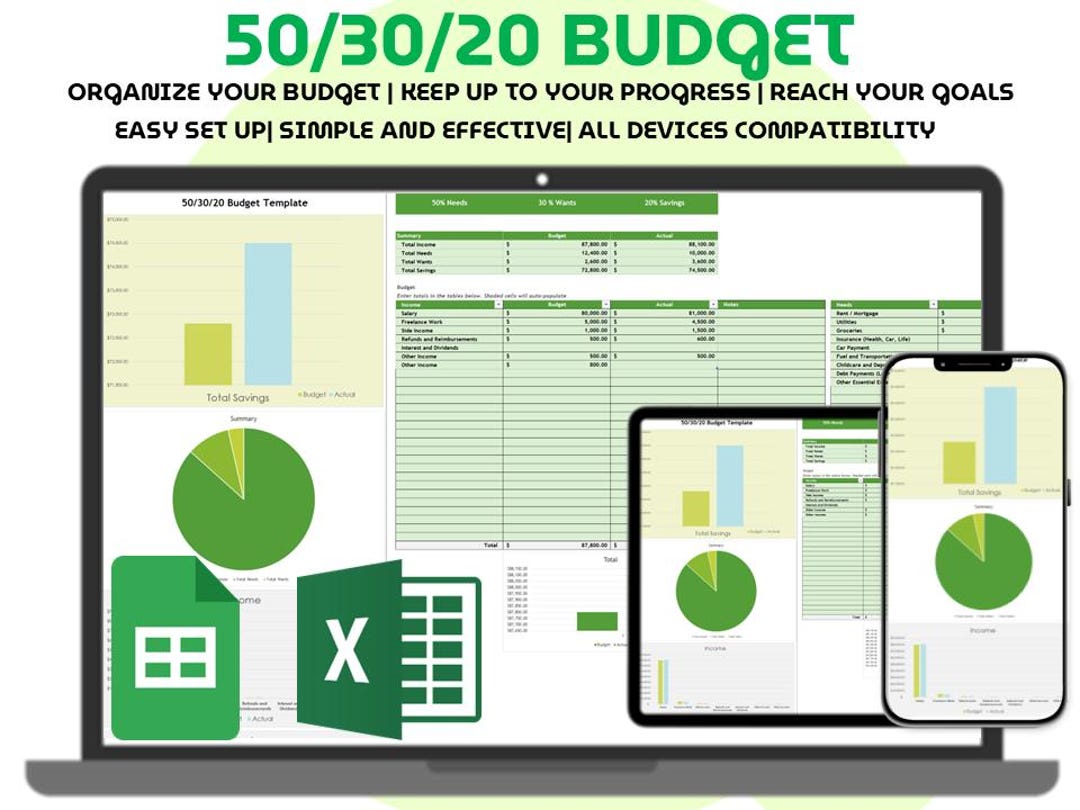 50/30/20 Budget Spreadsheet Google Sheets Excel Monthly Paycheck Budget ...