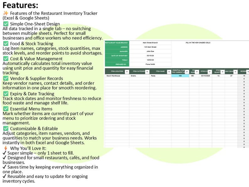 Cafe Restaurant Food Inventory Template Excel & Google Sheets Kitchen ...