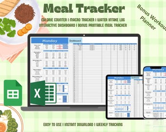 Planificador semanal de comidas y registro de calorías / Hoja de cálculo nutricional / Lista de recetas y compras / Planificador de registro de alimentos (Excel y Hojas de cálculo de Google)