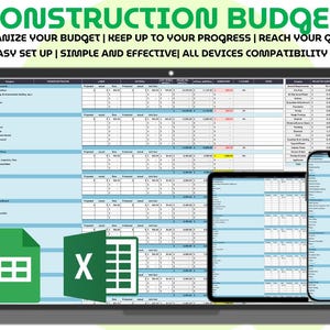 May include: A digital construction budget spreadsheet displayed on a laptop, tablet, and smartphone. The text reads: CONSTRUCTION BUDGET, ORGANIZE YOUR BUDGET | KEEP UP TO YOUR PROGRESS | REACH YOUR GOALS, EASY SET UP | SIMPLE AND EFFECTIVE| ALL DEVICES COMPATIBILITY.