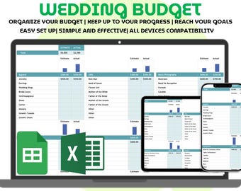 Planificador de presupuesto de boda en hoja de cálculo de Google Sheets o Excel: organizador sencillo de gastos de boda en una sola hoja para los novios y la planificación del evento.