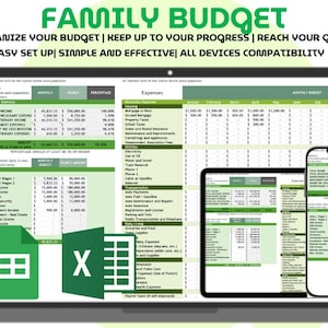 Puede incluir: Un ordenador portátil, una tableta y un smartphone muestran una hoja de cálculo de presupuesto familiar con una combinación de colores verde y blanco. El texto en la parte superior dice "FAMILY BUDGET" y "ORGANIZE YOUR BUDGET | KEEP UP TO YOUR PROGRESS | REACH YOUR GOALS". También se ven iconos de Excel y Google Sheets.
