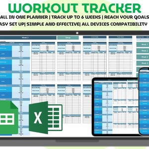 Op de afbeelding: Een digitale workout tracker weergegeven op een laptop, tablet en smartphone. De tracker is ontworpen om maximaal 6 weken trainingen te volgen. De tekst bovenaan luidt "WORKOUT TRACKER" en "ALL IN ONE PLANNER | TRACK UP TO 6 WEEKS | REACH YOUR GOALS EASY SET UP | SIMPLE AND EFFECTIVE | ALL DEVICES COMPATIBILITY".