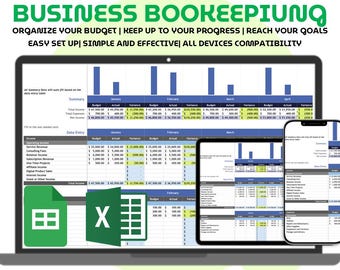 Plantilla sencilla de contabilidad para pequeñas empresas (Excel y Google Sheets) para el seguimiento de presupuestos, ingresos y gastos.
