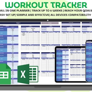 Op de afbeelding: Een digitale workout tracker weergegeven op een laptop, tablet en smartphone. De planner is ontworpen om de voortgang tot 6 weken bij te houden. De tekst bovenaan luidt "WORKOUT TRACKER" en "ALL IN ONE PLANNER | TRACK UP TO 6 WEEKS | REACH YOUR GOALS".