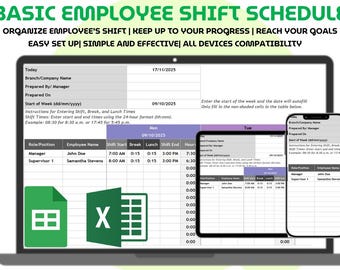 Ploegenplanner voor werknemers Excel Google Spreadsheets Wekelijks personeelsplanning Werkurentracker Sjabloon voor werknemersplanning Tool voor personeelsbeheer