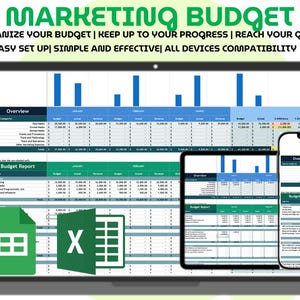 Planificador de presupuesto de marketing en Excel y Hojas de cálculo de Google. Seguimiento de gastos anuales con informes trimestrales, coste por cliente potencial y panel de control de fin de año.