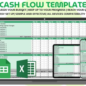 May include: A digital cash flow template displayed on a laptop, tablet, and smartphone screen. The spreadsheet features rows for operations, investments, and financing with monthly columns. Text includes CASH FLOW TEMPLATE, ORGANIZE YOUR BUDGET, and more.