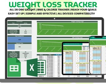 Weight Loss Fitness Tracker Google Sheets Excel Calorie Counter Meal Planner Habit Tracker Workout Planner BMI Tracker Wellness Progress log