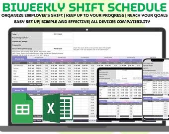 Biweekly Employee Shift Schedule Template Staff Work Hours Tracker Timesheet and Shift Planner for Excel and Google Sheets Spreadsheet