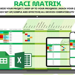 Peut inclure: Une matrice RACI numérique affichée sur un ordinateur portable, une tablette et un smartphone. La feuille de calcul verte et blanche organise les tâches du projet, avec des statuts à code couleur et le texte "RACI MATRIX" en haut. Le texte "ORGANIZE YOUR PROJECT" est également visible.