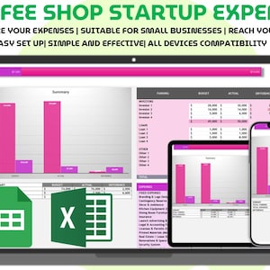 May include: A laptop, tablet, and smartphone display a financial spreadsheet with pink and gray charts and tables. The text "COFFEE SHOP STARTUP EXPENSE" is at the top, with additional text below. Icons for Excel and Google Sheets are also visible.