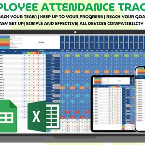 Könnte beinhalten: Ein digitaler Mitarbeiter-Anwesenheits-Tracker, der auf einem Laptop, Tablet und Smartphone angezeigt wird. Die Tabelle zeigt Mitarbeiternamen, Anwesenheitsdaten und einen Kalender für Juni. Der Text lautet: "EMPLOYEE ATTENDANCE TRACKER" und "TRACK YOUR TEAM | KEEP UP TO YOUR PROGRESS | REACH YOUR GOALS".