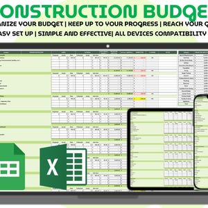 May include: A digital construction budget spreadsheet displayed on a laptop, tablet, and smartphone. The screen shows columns for projected and actual costs. Text at the top reads: CONSTRUCTION BUDGET, ORGANIZE YOUR BUDGET, KEEP UP TO YOUR PROGRESS, REACH YOUR GOALS, EASY SET UP, SIMPLE AND EFFECTIVE, ALL DEVICES COMPATIBILITY.