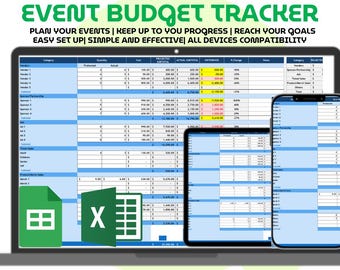Könnte beinhalten: Eine Event-Budget-Tracker-Tabelle auf einem Laptop, Tablet und Smartphone. Der Bildschirm zeigt Spalten für Kategorie, Menge, Kosten, geplante Zwischensumme, tatsächliche Zwischensumme, Differenz und prozentuale Änderung mit grünen Excel-Symbolen.