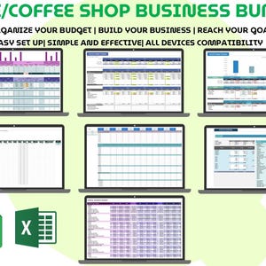May include: A digital business bundle for a café or coffee shop, displayed on multiple laptop screens. The bundle includes spreadsheets for organizing budgets, building a business, and reaching goals. The text reads: "CAFÉ/COFFEE SHOP BUSINESS BUNDLE".