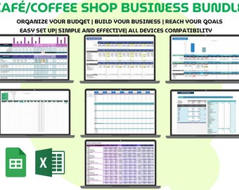 May include: A digital business bundle for a café or coffee shop, displayed on multiple laptop screens. The bundle includes spreadsheets for organizing budgets, building a business, and reaching goals. The text reads: "CAFÉ/COFFEE SHOP BUSINESS BUNDLE".