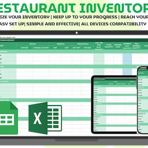 May include: A digital restaurant inventory spreadsheet displayed on a laptop, tablet, and smartphone. The spreadsheet is green and white, with categories for vegetables, fruits, and other items. Text at the top reads "Restaurant Inventory".