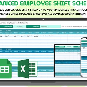 Puede incluir: Un portátil, una tableta y un smartphone muestran un horario de turnos de empleados. El horario se titula "Advanced Employee Shift Schedule" e incluye el texto "ORGANIZE EMPLOYEE'S SHIFT | KEEP UP TO YOUR PROGRESS | REACH YOUR GOALS EASY SET UP| SIMPLE AND EFFECTIVE| ALL DEVICES COMPATIBILITY".
