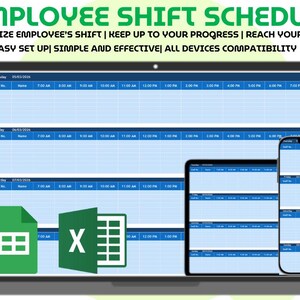 May include: A digital employee shift schedule template displayed on a laptop, tablet, and smartphone screen. The interface features blue and white grid rows with time slots. Green icons for spreadsheet software are visible in the lower left corner.