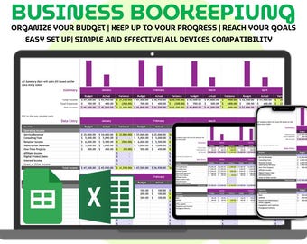 Hoja de cálculo de contabilidad para pequeñas empresas: Excel, Google Sheets, sencillo seguimiento del presupuesto, ingresos y gastos, planificación financiera para emprendedores y pequeños equipos.