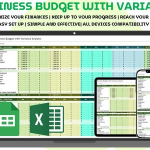 May include: A laptop, tablet, and smartphone display a business budget spreadsheet with variance analysis. The text at the top reads "BUSINESS BUDGET WITH VARIANCE" and "ORGANIZE YOUR FINANCES | KEEP UP TO YOUR PROGRESS | REACH YOUR GOALS". Icons for Google Sheets and Microsoft Excel are also visible.
