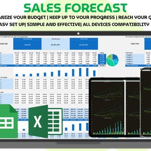 Puede incluir: Un portátil, una tableta y un smartphone muestran una hoja de cálculo de previsiones de ventas. La pantalla muestra gráficos y tablas de datos con el texto "SALES FORECAST" y "ORGANIZE YOUR BUDGET | KEEP UP TO YOUR PROGRESS | REACH YOUR GOALS | EASY SET UP | SIMPLE AND EFFECTIVE | ALL DEVICES COMPATIBILITY".