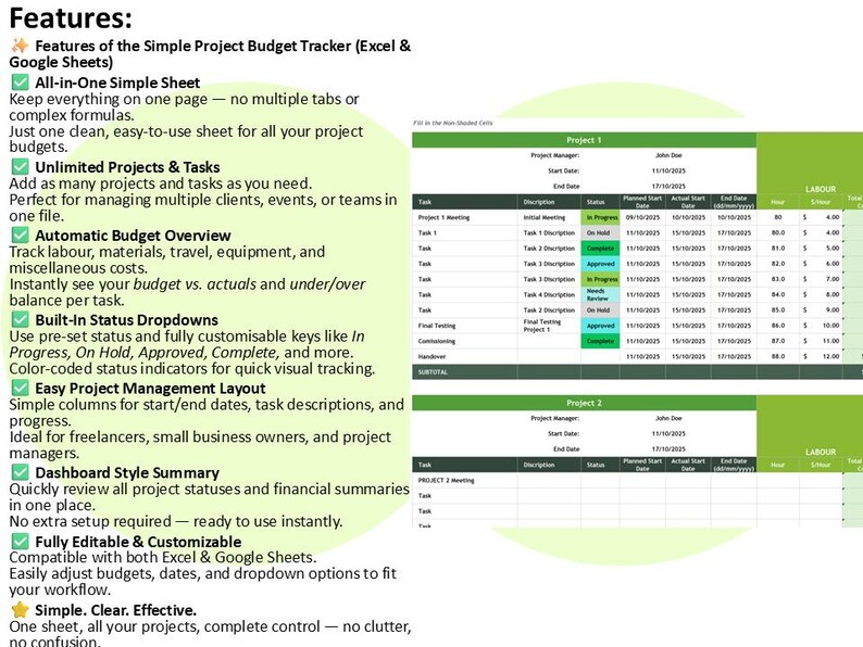 Simple Project Budget Tracker Spreadsheet Excel Google Sheets One Sheet ...