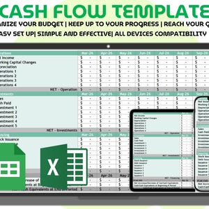 May include: A digital cash flow template displayed on a laptop, tablet, and smartphone screen. The spreadsheet features sections for operations, investments, and financing with dollar signs and monthly columns. Text reads CASH FLOW TEMPLATE.