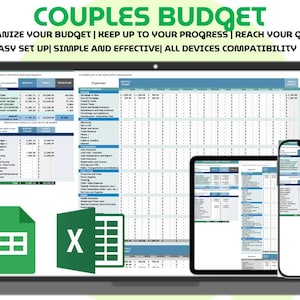 Puede incluir: Un portátil, una tableta y un smartphone muestran una hoja de cálculo de presupuesto. La imagen incluye el texto "COUPLES BUDGET" y "ORGANIZE YOUR BUDGET | KEEP UP TO YOUR PROGRESS | REACH YOUR GOALS | EASY SET UP | SIMPLE AND EFFECTIVE | ALL DEVICES COMPATIBILITY". También hay iconos verdes de Google Sheets y Excel.