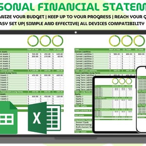 May include: A digital personal financial statement template displayed on a laptop, tablet, and smartphone. The spreadsheet features green headers, tables for assets and liabilities, and circular progress charts. Text includes PERSONAL FINANCIAL STATEMENT.