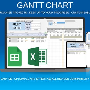 May include: A digital Gantt chart displayed on a laptop, tablet, and smartphone. The screens show project timelines and data, with the text "GANTT CHART" and "PROJECT TIMELINE". The image also includes Excel and Google Sheets icons.