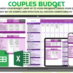 Puede incluir: Un ordenador portátil, una tableta y un smartphone muestran una hoja de cálculo de presupuesto para parejas con un esquema de color púrpura y blanco. El texto en la parte superior dice "COUPLES BUDGET" y "ORGANIZE YOUR BUDGET | KEEP UP TO YOUR PROGRESS | REACH YOUR GOALS".